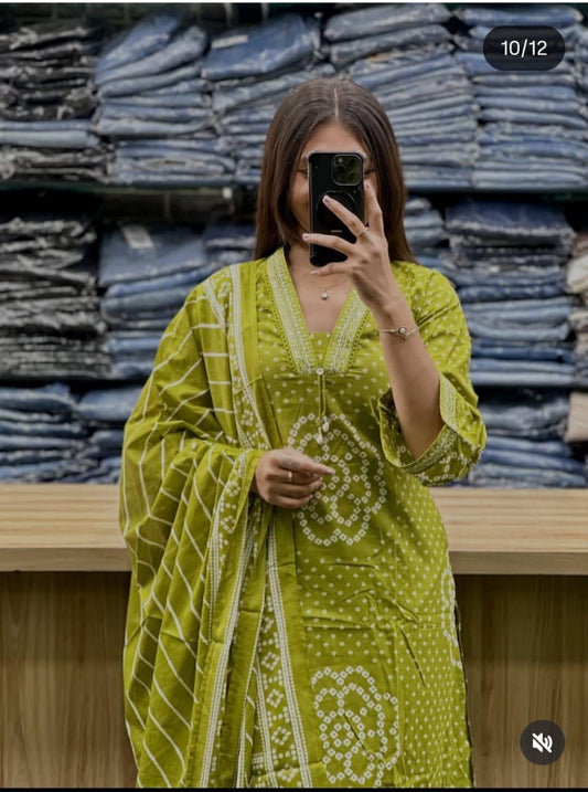 Jaipur Bandhej Olive Green Bandhani Print Kurta Set With Dupatta