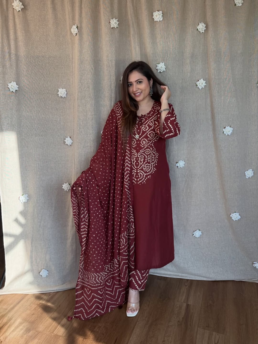 Jaipur Bandhej Maroon Bandhani Kurta Set With Dupatta