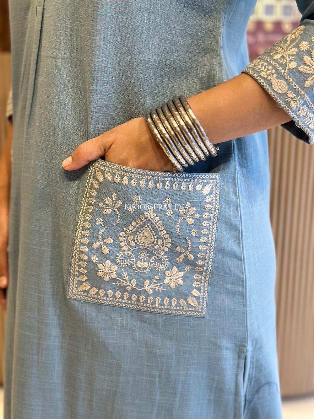 Sky Blue Hand Embroidered Cotton Kurta Set With Pockets