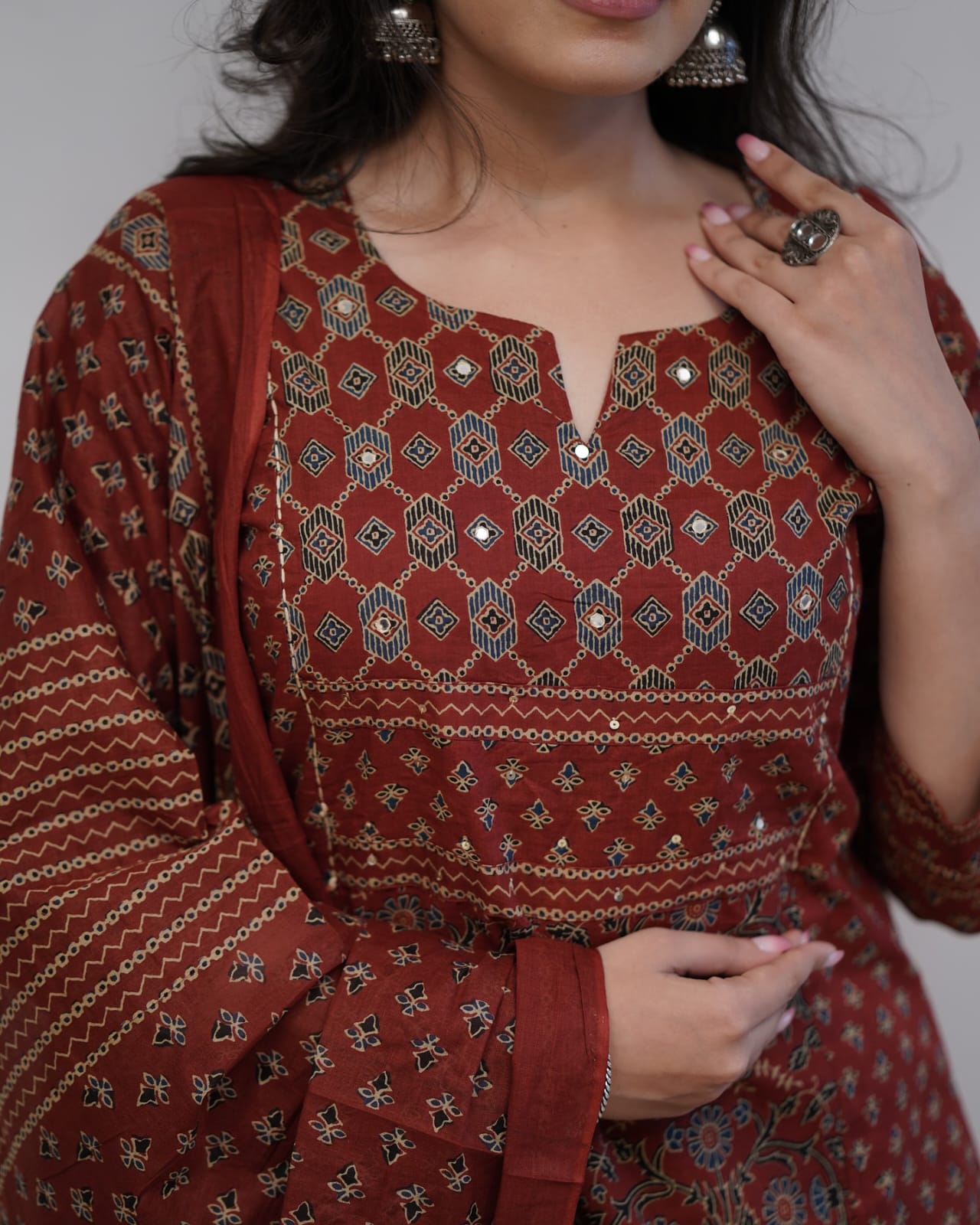 Elegant Maroon Printed Cotton Salwar Suit Set With Dupatta