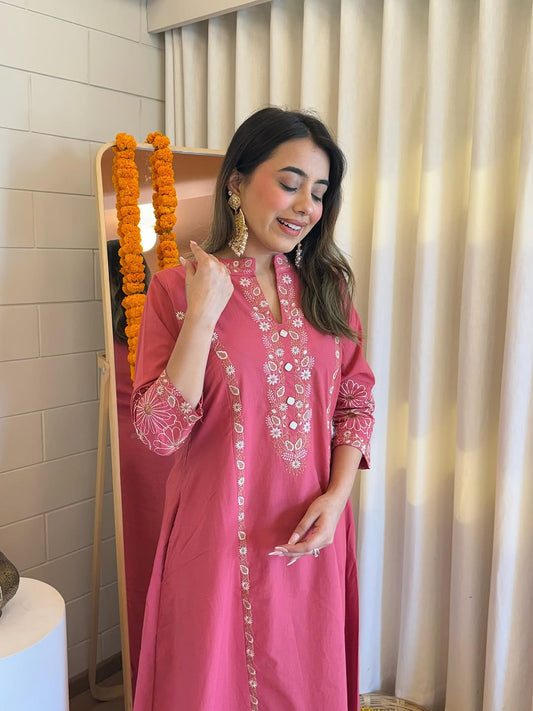 Jaipur Bandhej Elegant Rose Pink Embroidered Kurta Set