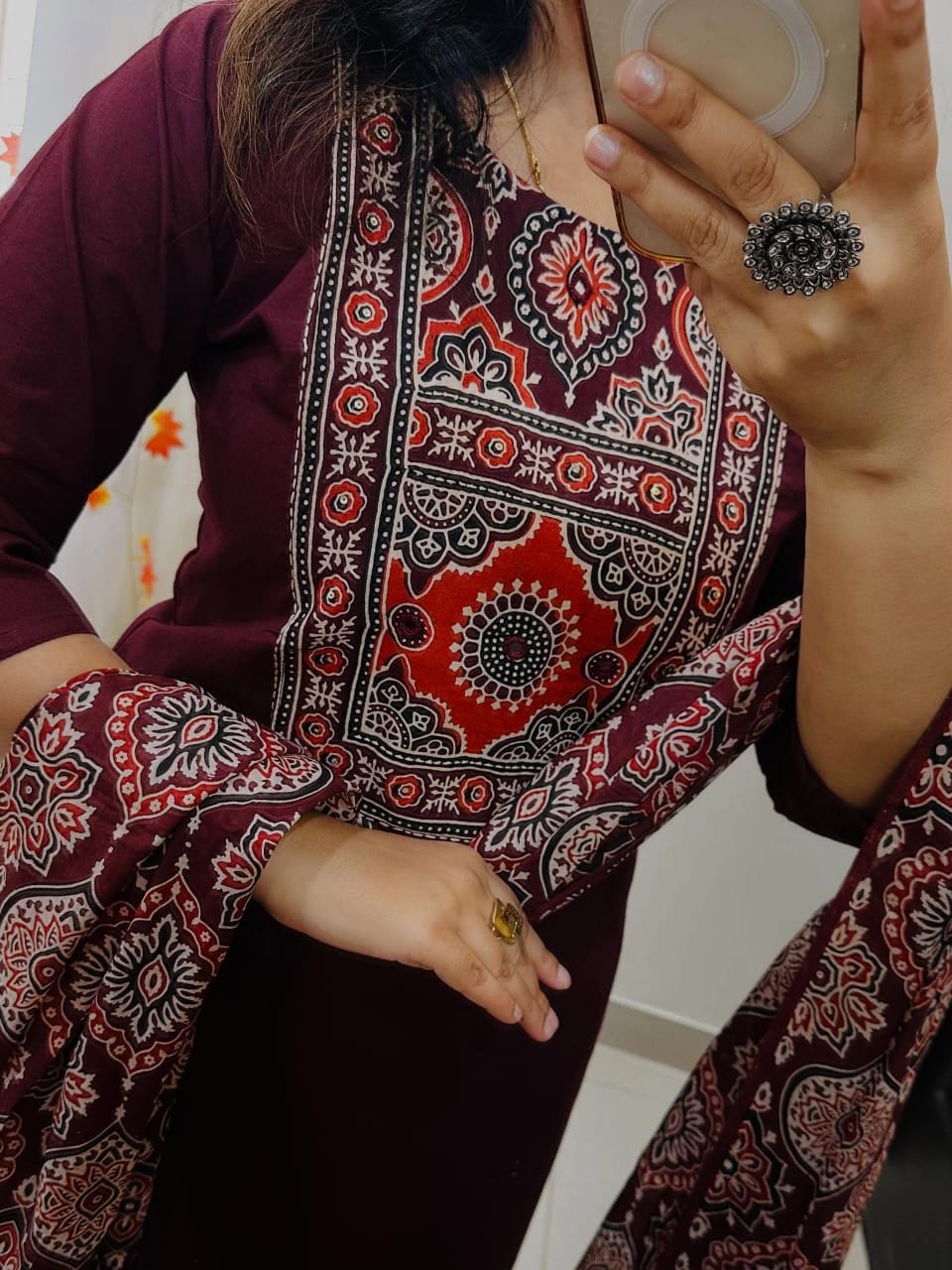Elegant Maroon Cotton Suit With Ajrak Print Dupatta