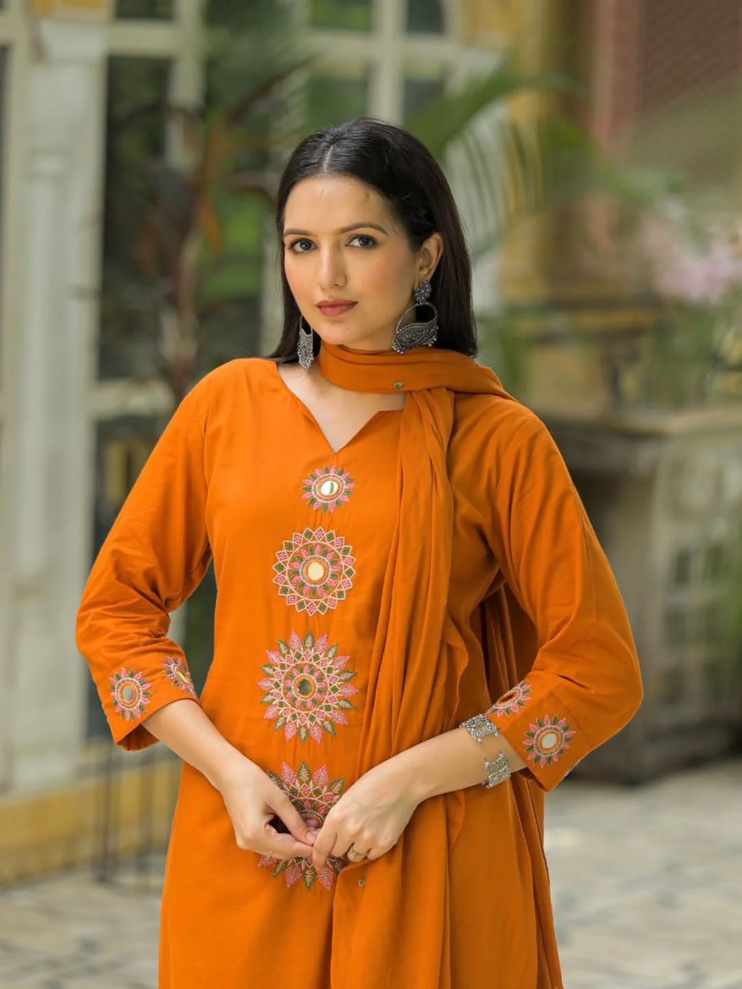 Jaipur Bandhej Elegant Orange Embroidered Kurta Set With Dupatta