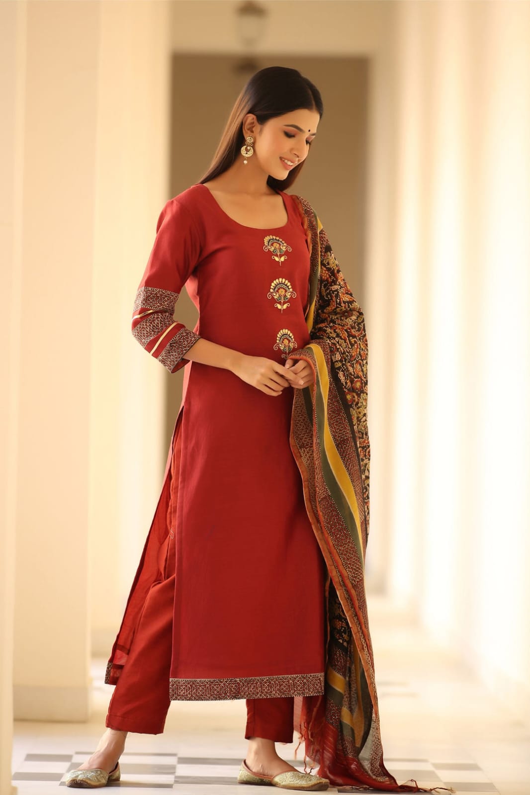 Jaipur Bandhej Maroon Embroidered Kurta Set With Printed Dupatta