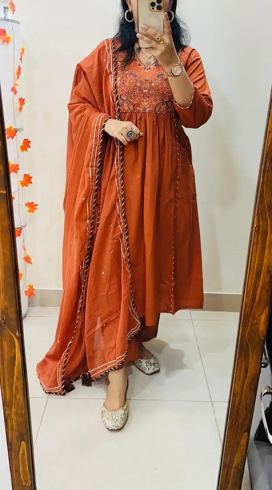 Jaipur Bandhej Rust Orange Embroidered Anarkali Suit Set