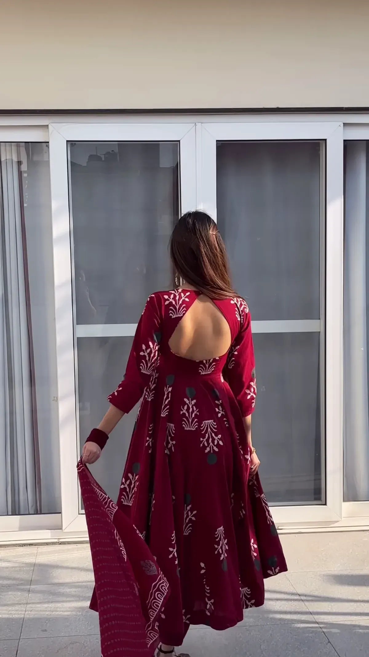 Jaipur Bandhej Maroon Discharge Print Anarkali Suit Set With Pant & Dupatta (Maroon)