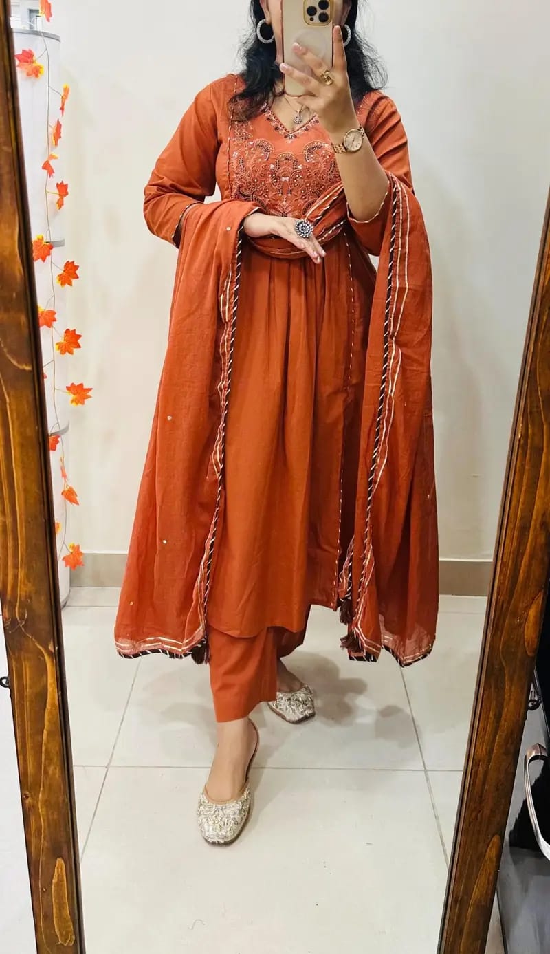 Jaipur Bandhej Rust Orange Embroidered Anarkali Suit Set