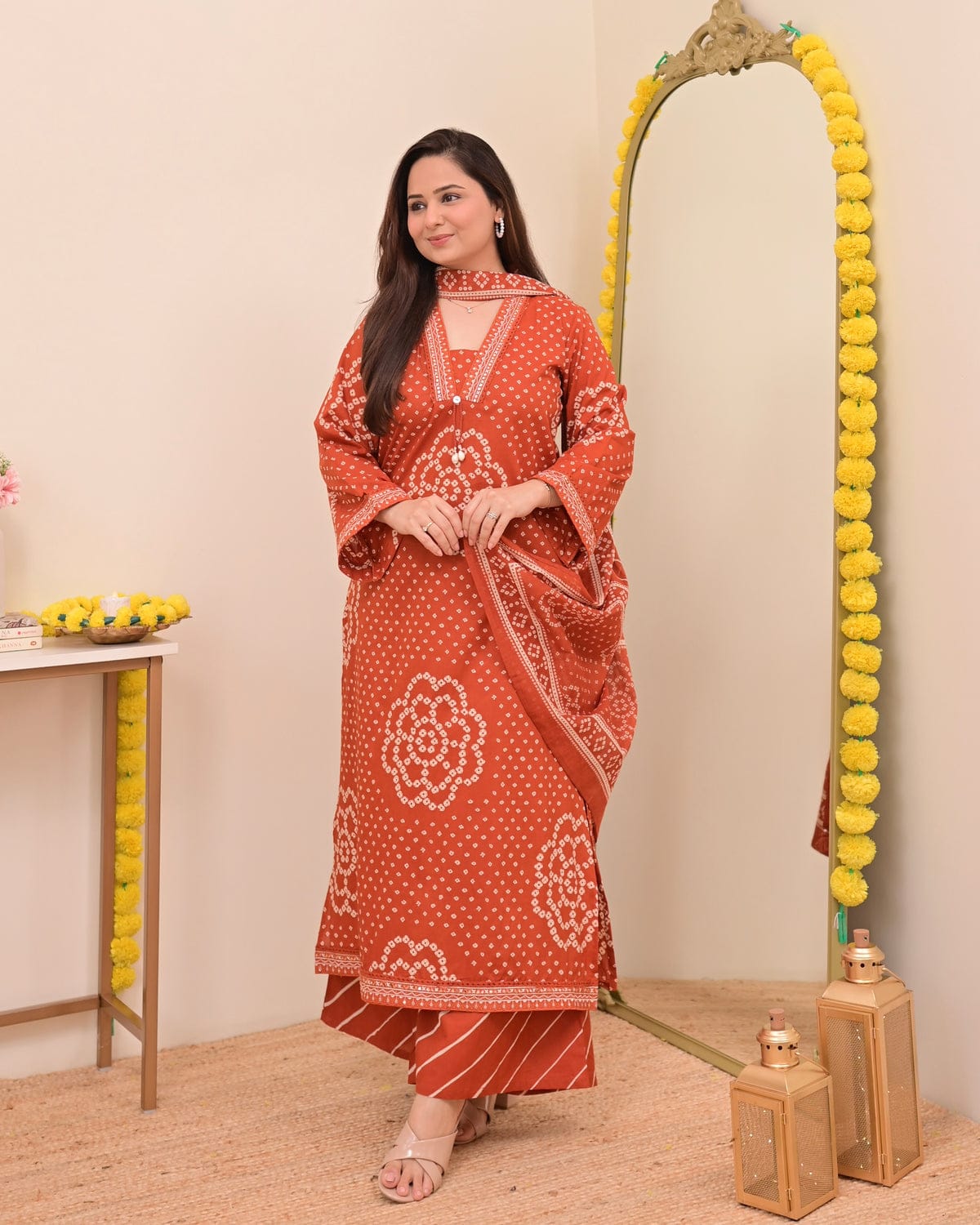 Jaipur Bandhej Rust Orange Handblock Printed Kurta Set With Dupatta