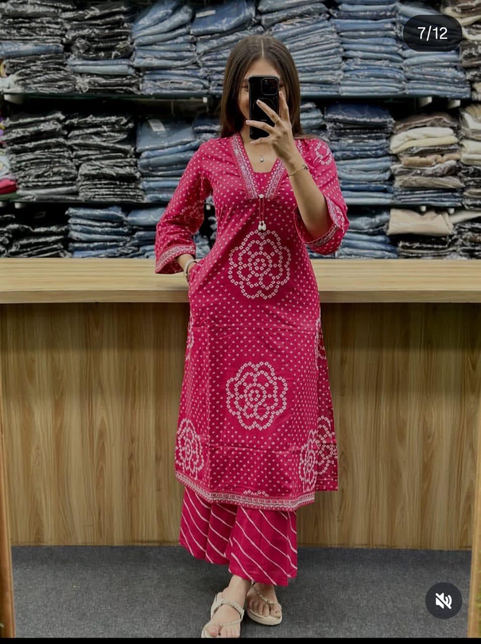 Jaipur Bandhej Rani Pink Handblock Printed Kurta Set With Dupatta