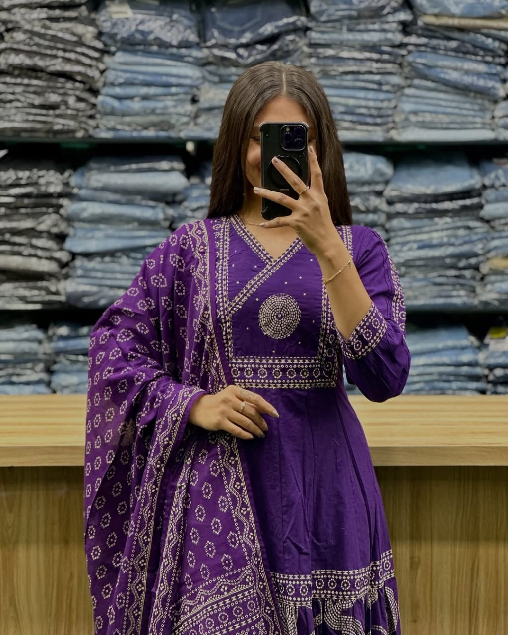 Purple V Neck Heavy Anarkali Kurti, Pant With Dupatta