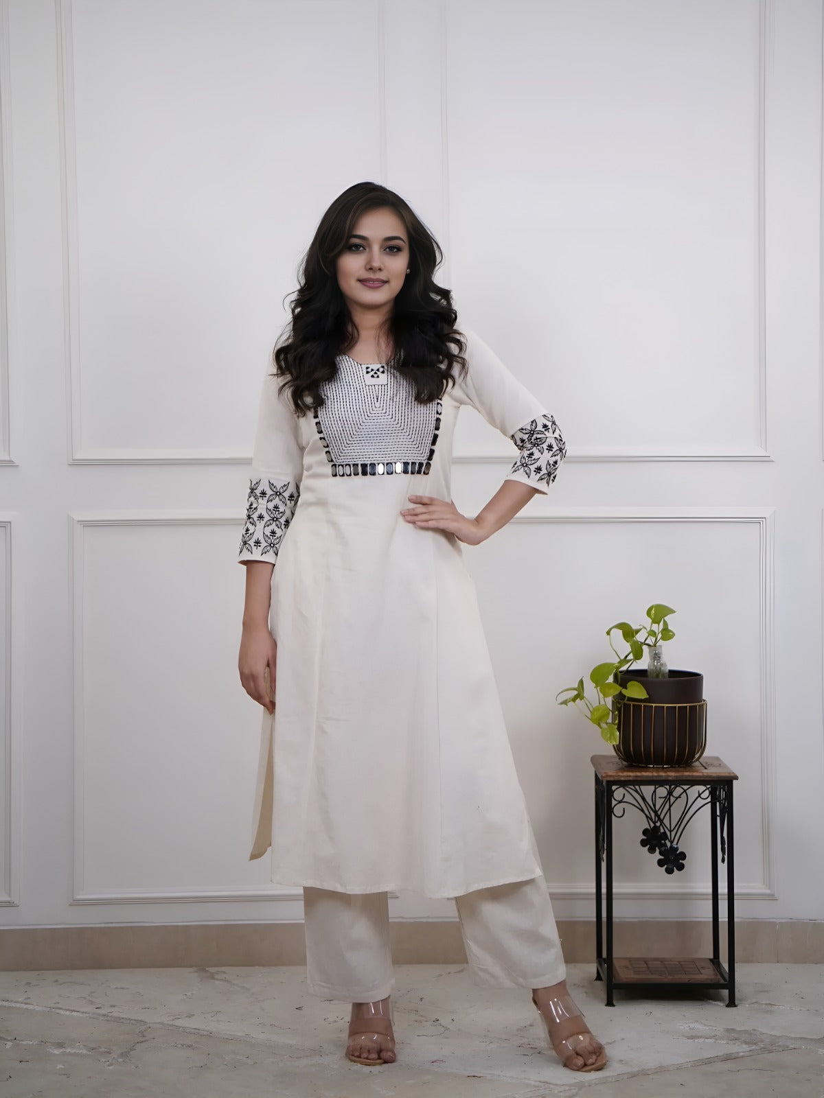 Off White Embroidered Cotton Kurta And Pant Set