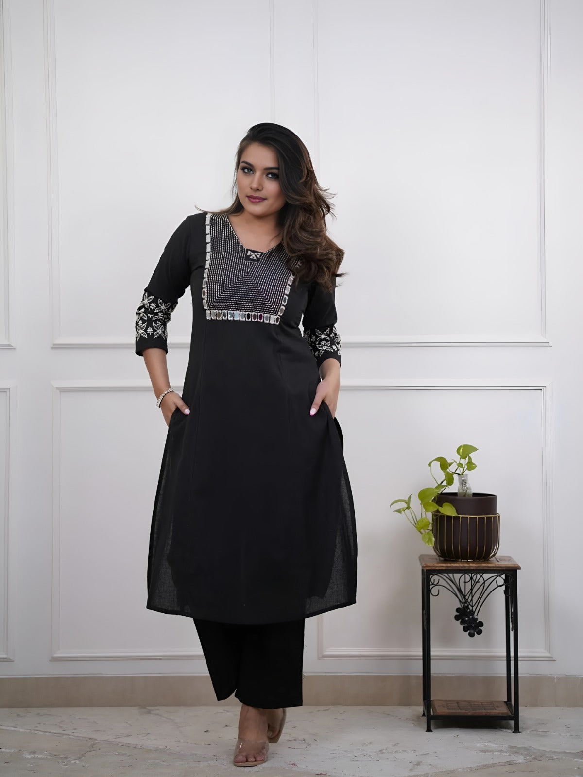 Black Embroidered Cotton Kurta And Pant Set