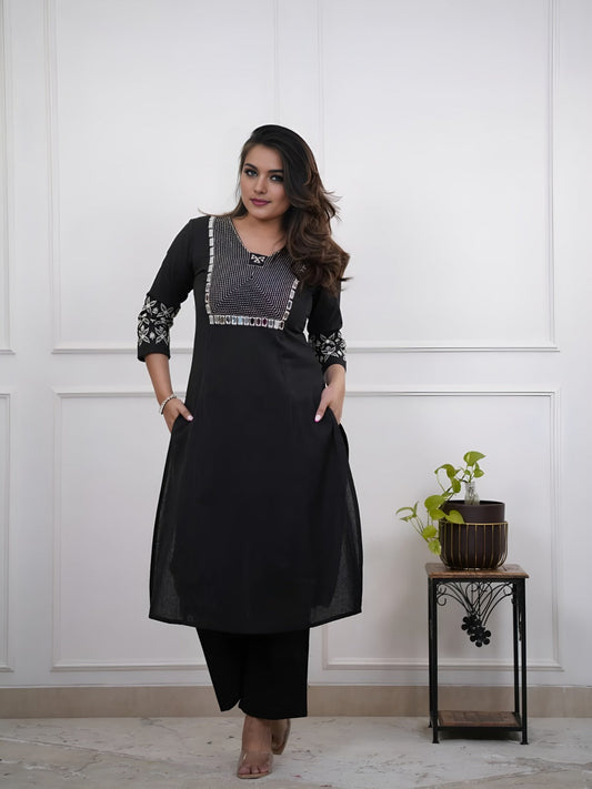 Black Embroidered Cotton Kurta And Pant Set