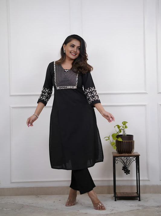 Black Embroidered Cotton Kurta And Pant Set