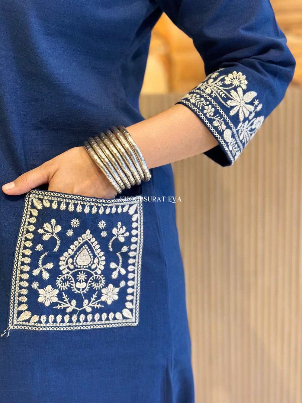 Navy Blue Hand Embroidered Cotton Kurta Set With Both Sides Pockets