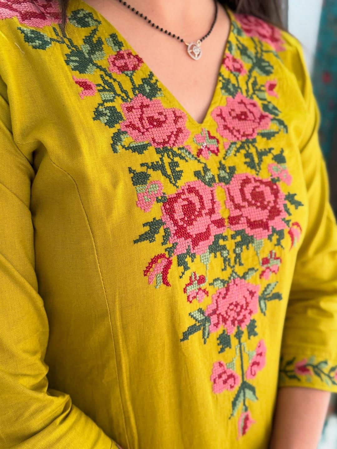 Elegant Mustard Yellow Embroidered Kurta Set For Women