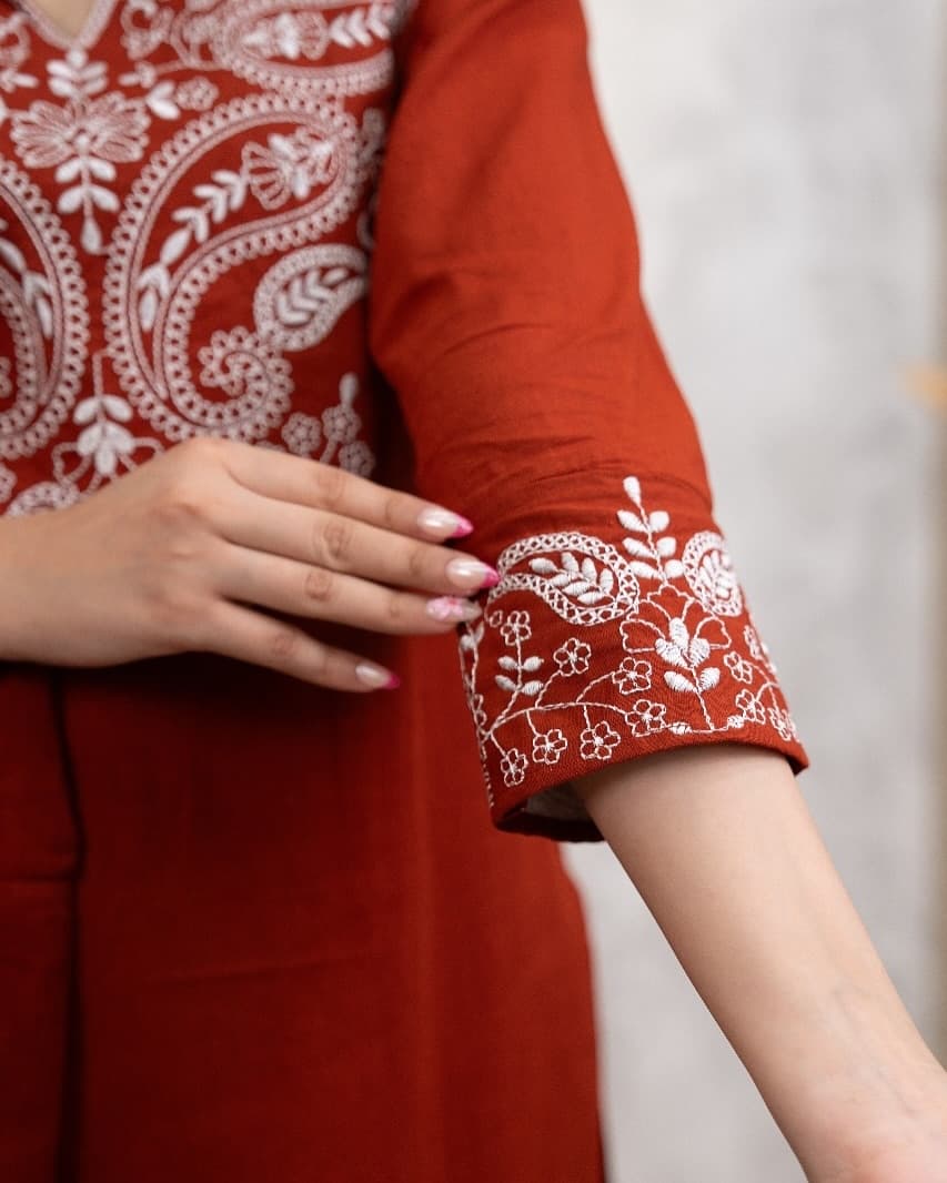 Elegant Maroon Cotton Kurta Set With White Embroidery