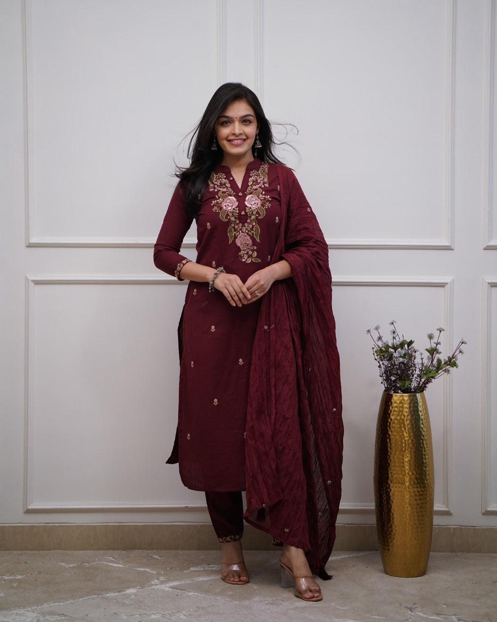 Jaipur Bandhej Maroon Embroidered Cotton Kurta Set With Dupatta – Elegant Ethnic Wear For Women