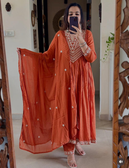 Jaipur Bandhej Rust Orange Embroidered Cotton Anarkali Set With Dupatta