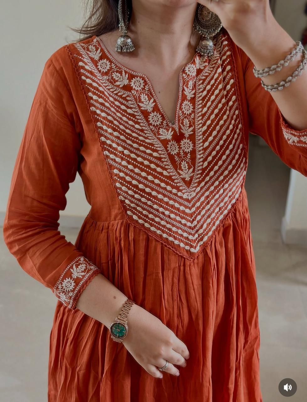 Jaipur Bandhej Rust Orange Embroidered Cotton Anarkali Set With Dupatta