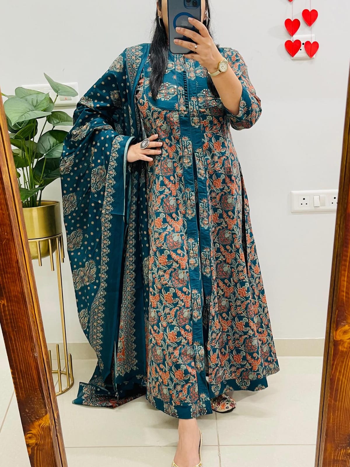 Blue Cotton Anarkali Suit Set With Ajrak-Inspired Print Dupatta