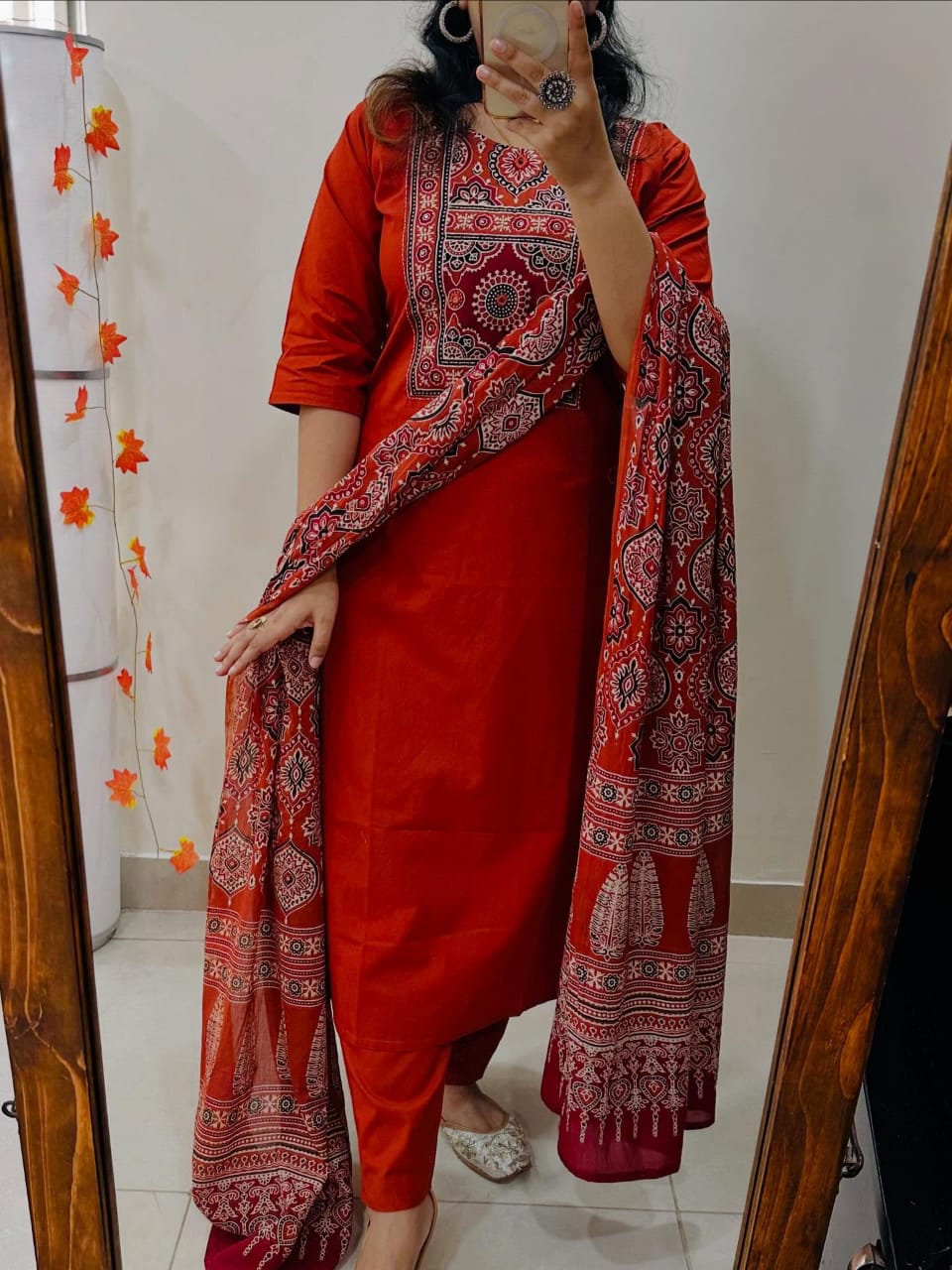 Elegant Red Cotton Suit With Ajrak Print Dupatta