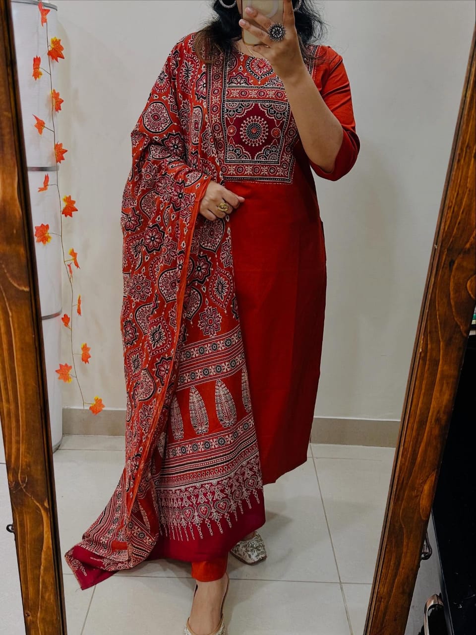 Elegant Red Cotton Suit With Ajrak Print Dupatta