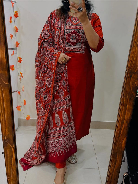 Elegant Red Cotton Suit With Ajrak Print Dupatta