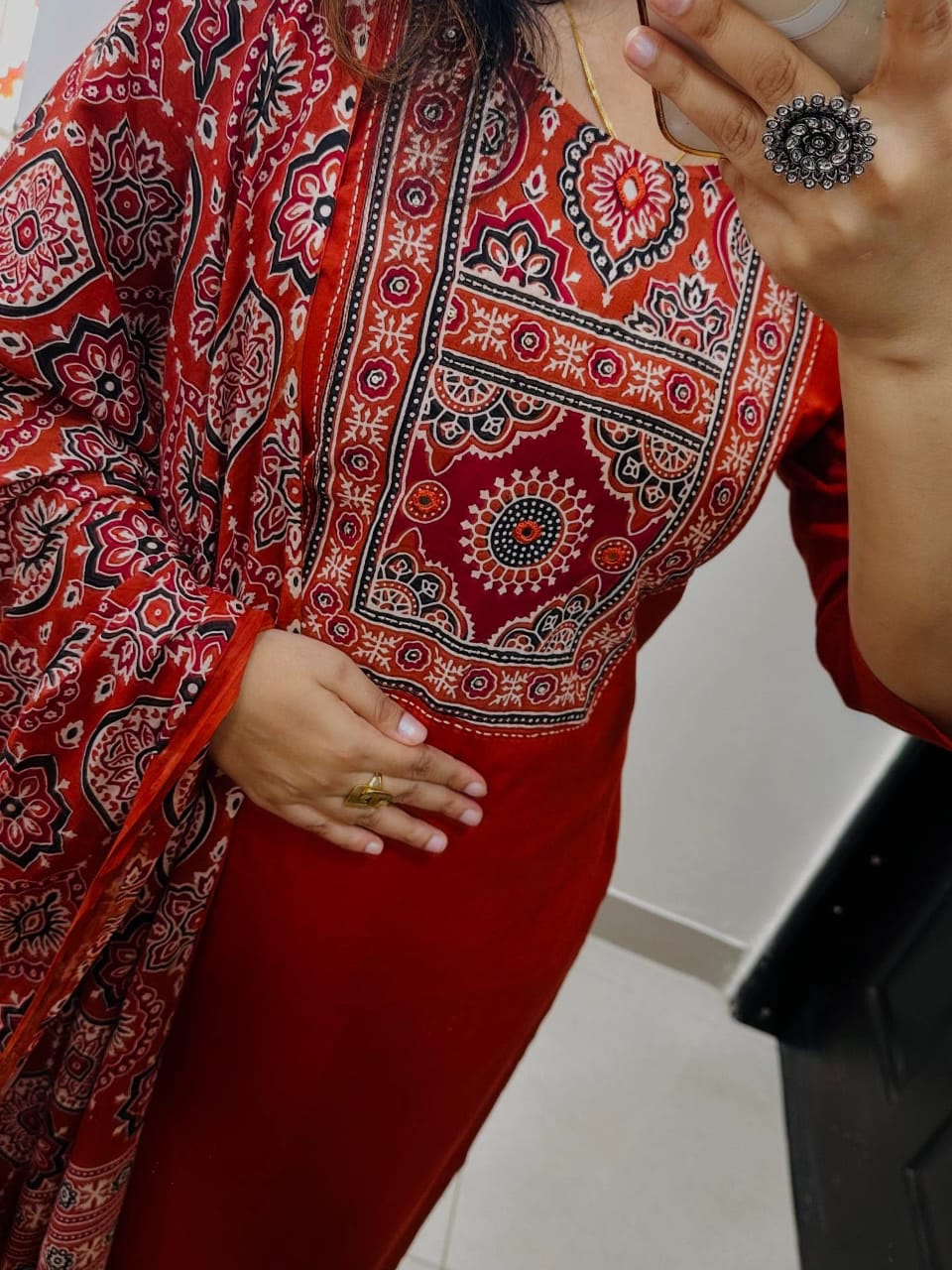 Elegant Red Cotton Suit With Ajrak Print Dupatta