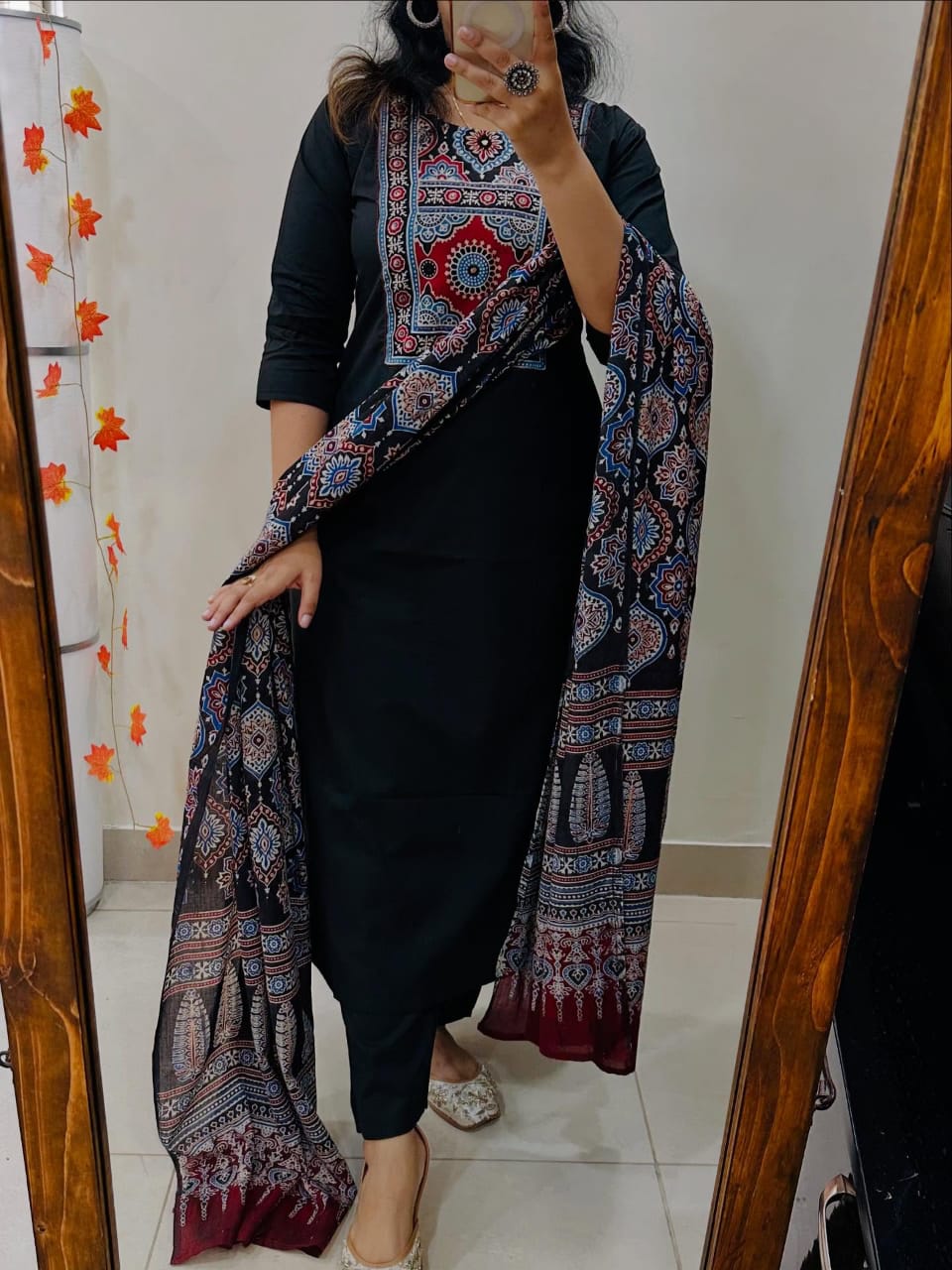 Elegant Black Cotton Suit With Ajrak Print Dupatta