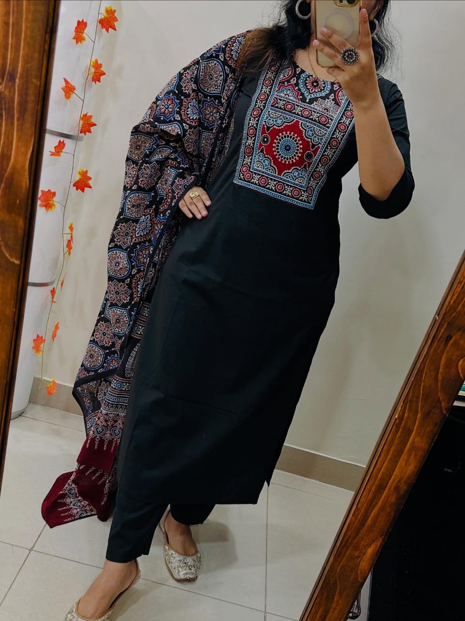 Elegant Black Cotton Suit With Ajrak Print Dupatta