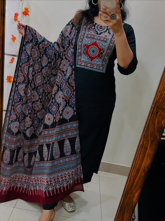 Elegant Black Cotton Suit With Ajrak Print Dupatta