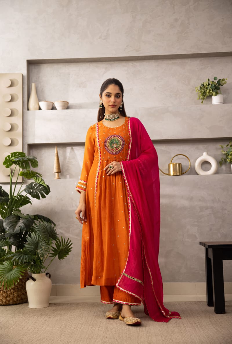 Jaipur Bandhej Radiant Orange Anarkali Set With Pink Dupatta