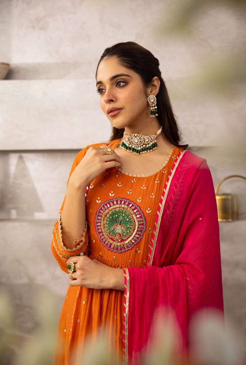 Jaipur Bandhej Radiant Orange Anarkali Set With Pink Dupatta