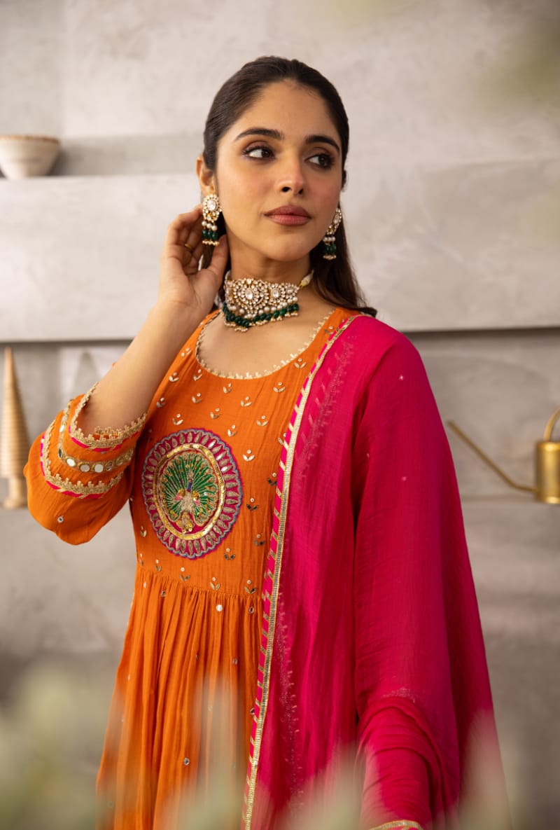 Jaipur Bandhej Radiant Orange Anarkali Set With Pink Dupatta