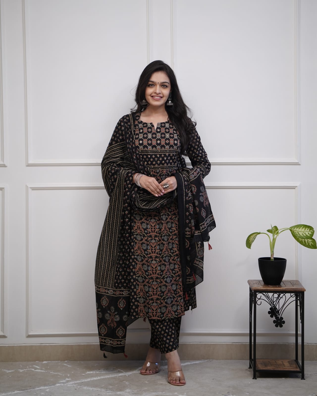 Elegant Black Printed Cotton Salwar Suit Set With Dupatta