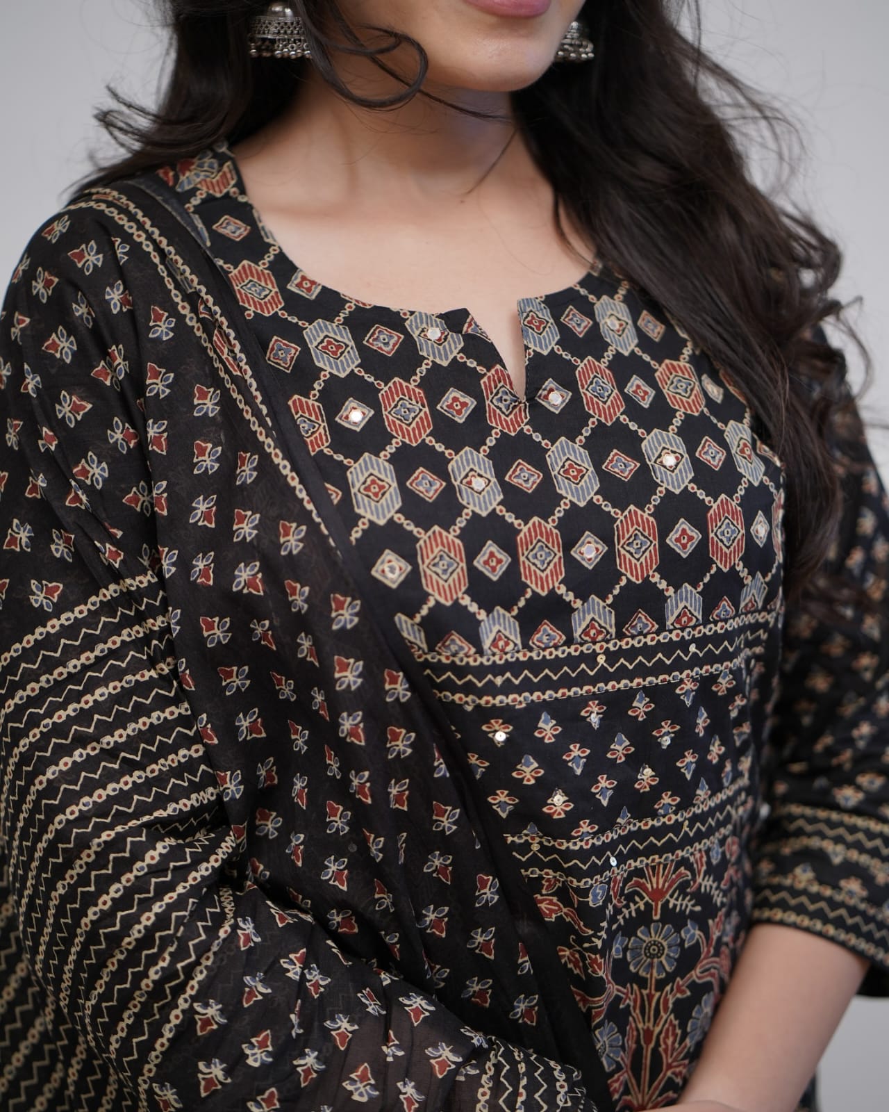 Elegant Black Printed Cotton Salwar Suit Set With Dupatta