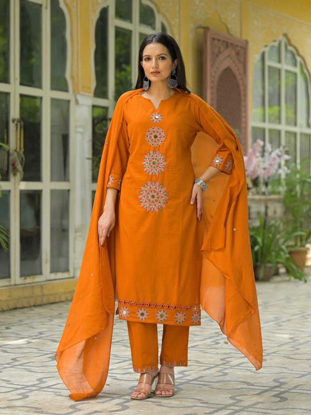 Jaipur Bandhej Elegant Orange Embroidered Kurta Set With Dupatta