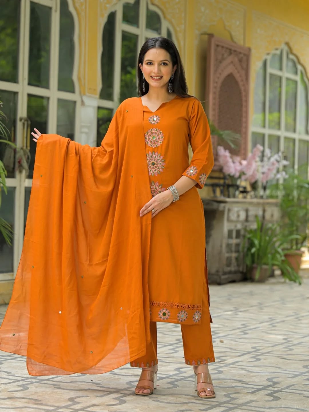 Jaipur Bandhej Elegant Orange Embroidered Kurta Set With Dupatta