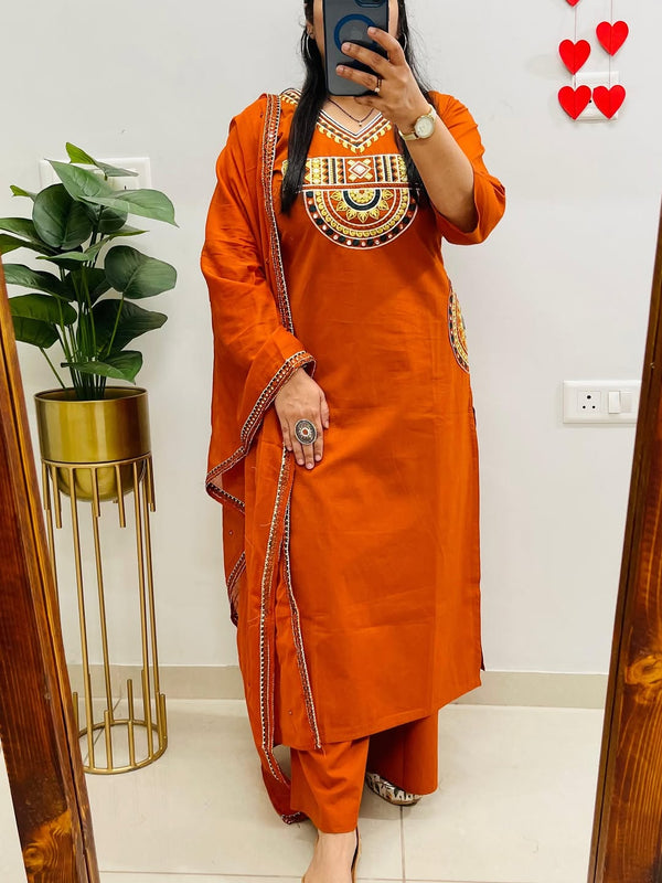 Orange Embroidered Kurta Set With Matching Dupatta