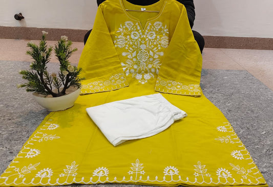 Jaipur Bandhej Yellow Embroidered Kurta With Ivory Straight Pants