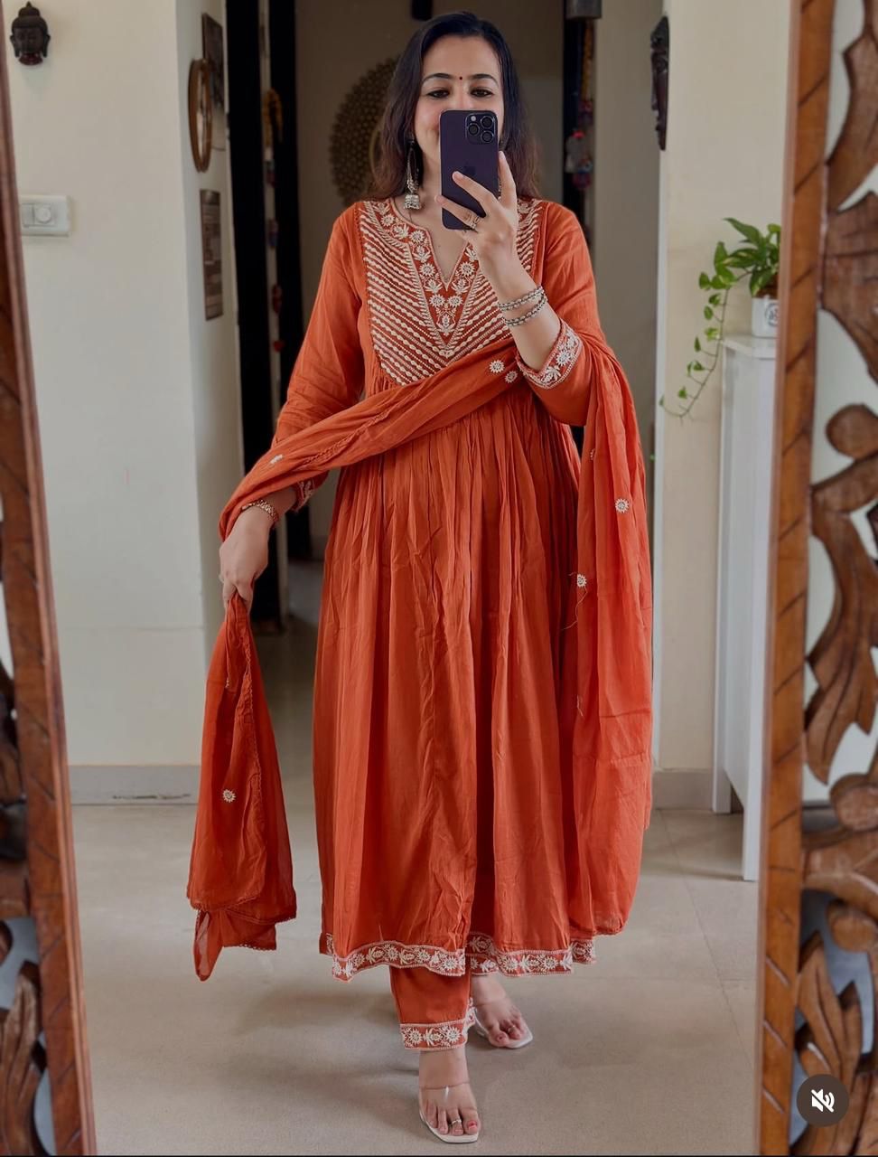 Jaipur Bandhej Rust Orange Embroidered Cotton Anarkali Set With Dupatta