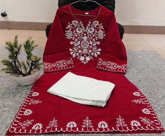 Jaipur Bandhej Maroon Embroidered Kurta With Ivory Straight Pants
