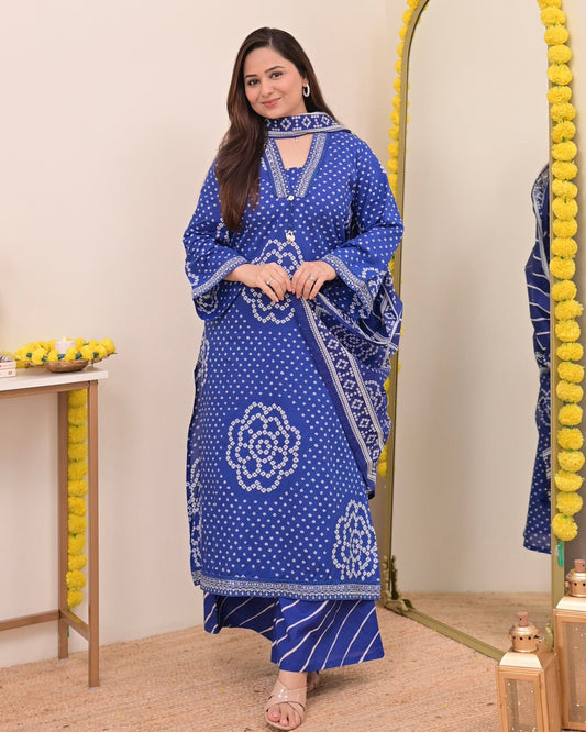 Jaipur Bandhej Indigo Blue Handblock Printed Kurta Set With Dupatta