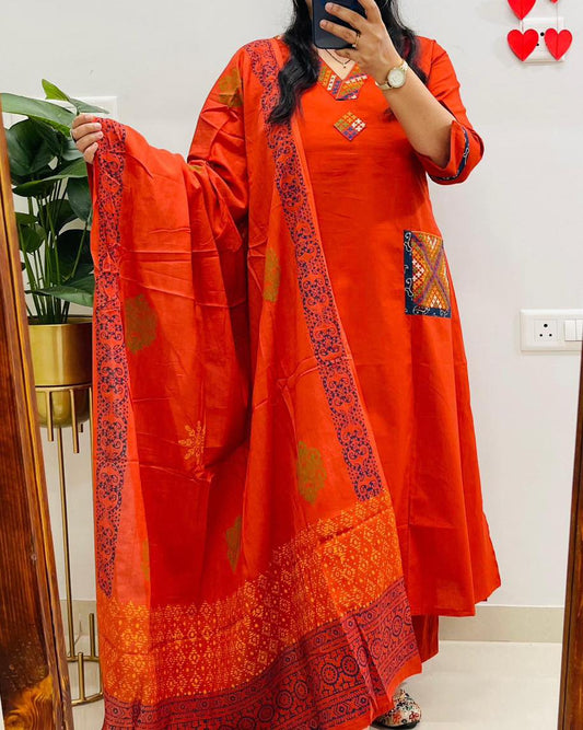 Jaipur Bandhej Rust Orange Ethnic Kurta Set With Printed Dupatta