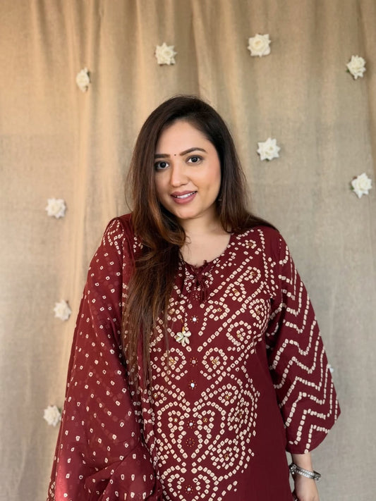 Jaipur Bandhej Maroon Bandhani Kurta Set With Dupatta